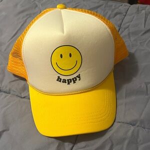 Yellow and White Smiley Face Trucker Hat happy
